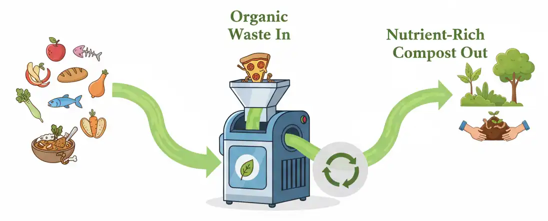 Smart Bin food composter showing how it reduces food waste and converts it into compost